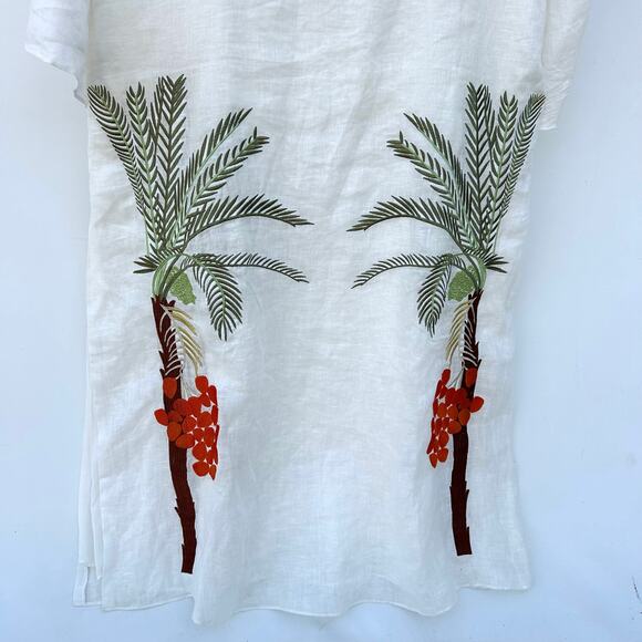 Juan de Dios Lisa Linen Midi Dress Embroidered Palm White Medium Caftan Cover-Up - Picture 8 of 13